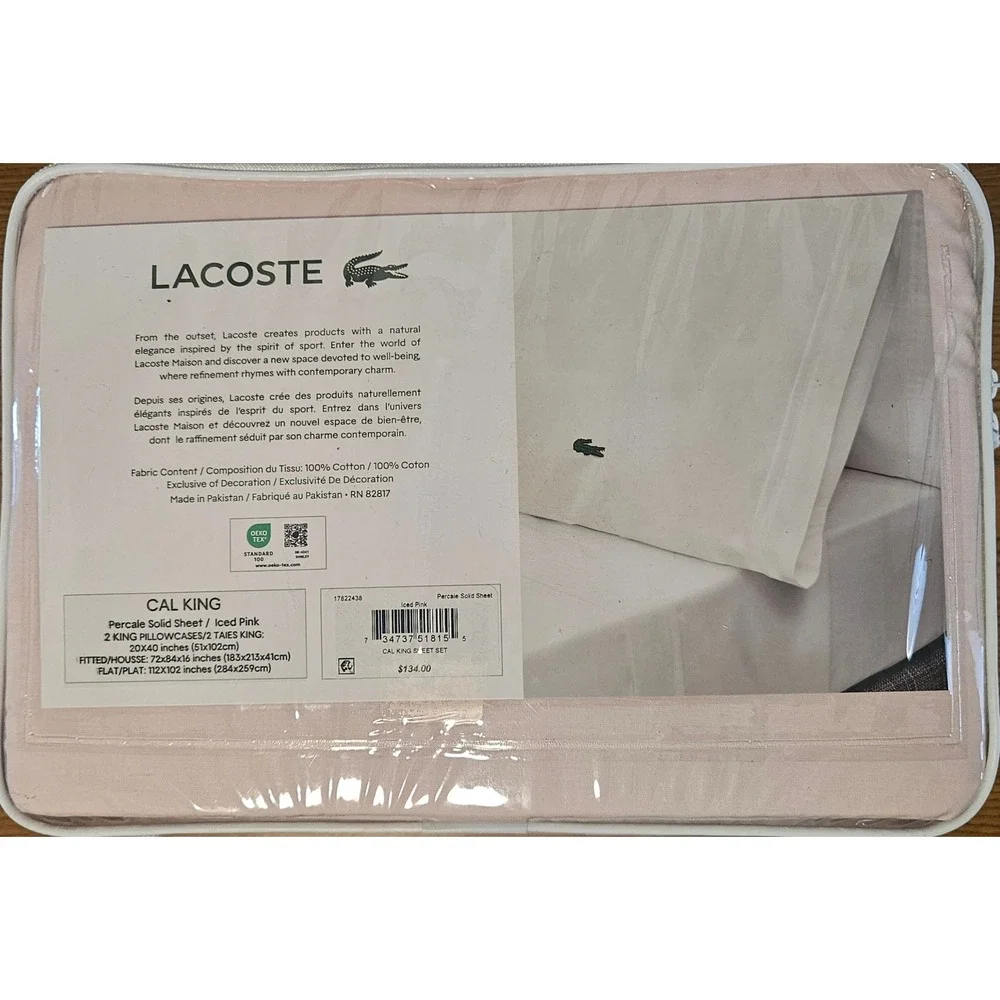 Lacoste 4pc Cal King Sheet Bedding Set Iced Pink Crocodile 100% Cotton Percale